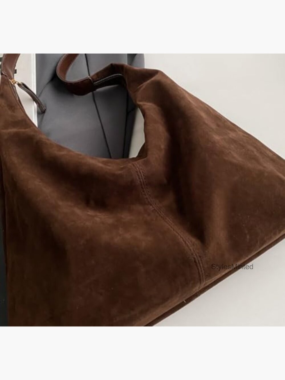 Large Faux Suede Crescent Hobo Bag with Zipper Closure - Picture 6 of 7